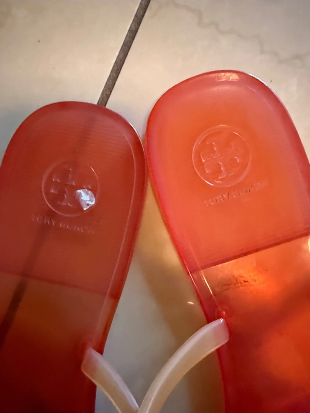 Tory Burch Transparent Pink Jelly Flip Flops with Peach Floral Accent - Picture 3 of 4